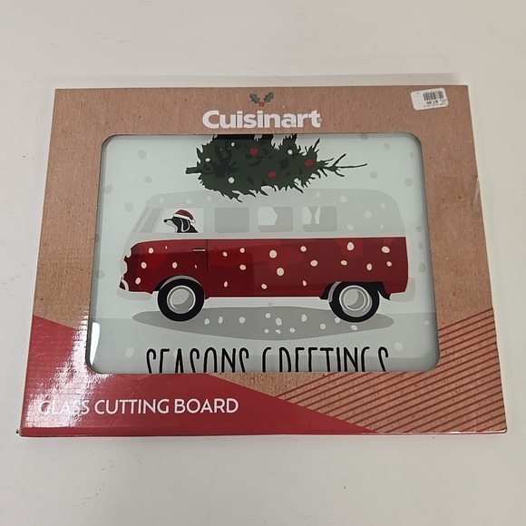 Cuisinart Winter Christmas Vintage Camper Dog Glass Cutting Board 12" x 15" NEW - Picture 1 of 1